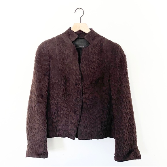 Akris Chocolate Brown Faux Fur Blazer 3 Button Geometric Collar Alpaca/Wool - Picture 2 of 10